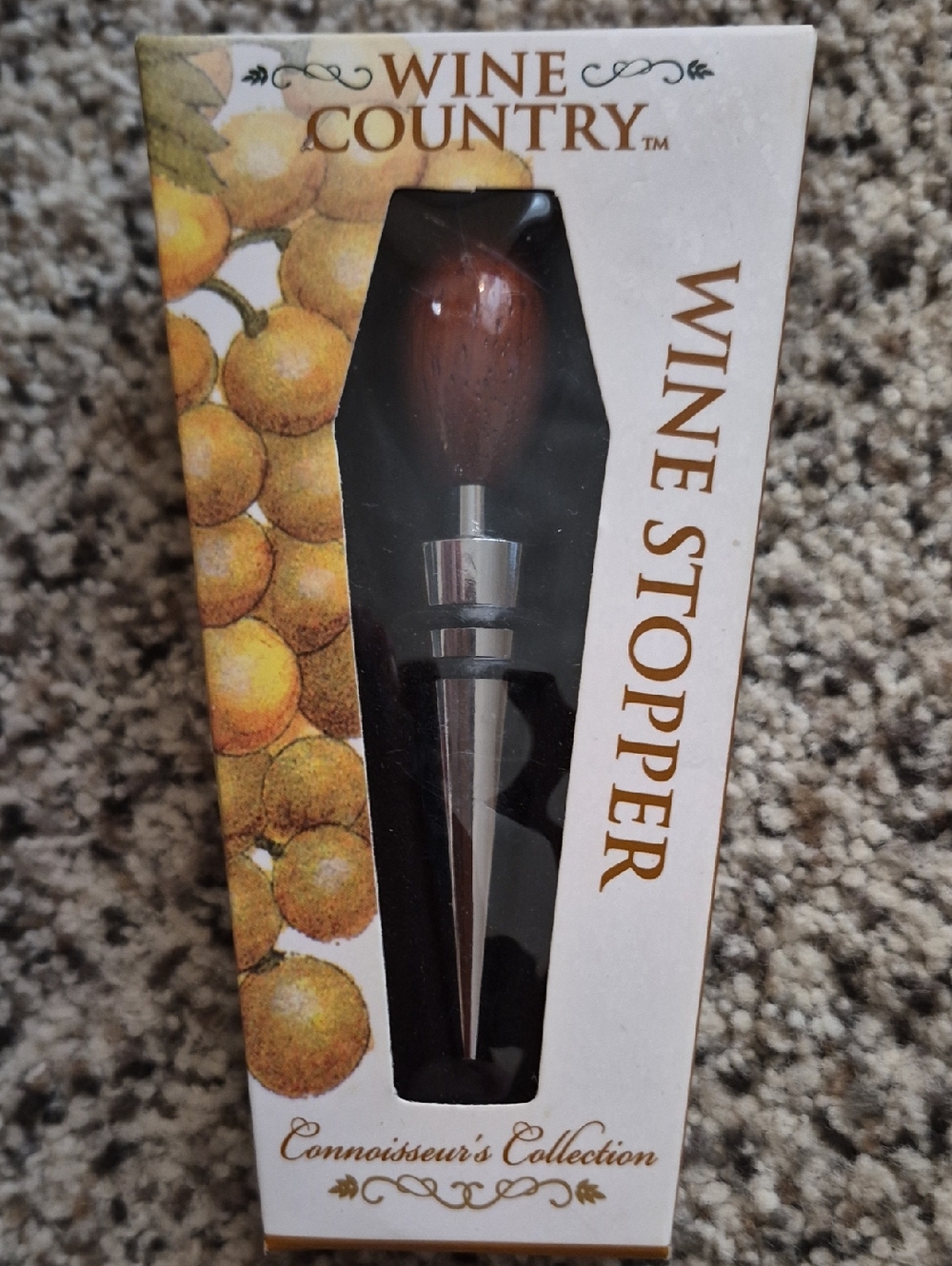 Connoisseur's Collection" Wine Country Wood Top Bottle Stopper w/Cork - NIB